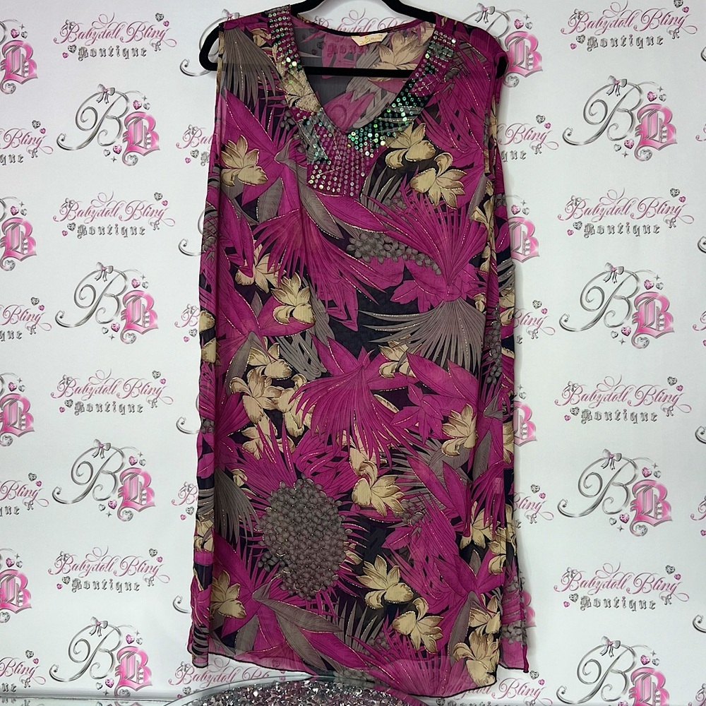 New woman cover up Tropical Pink and Beige Sleeveless Dress sequins